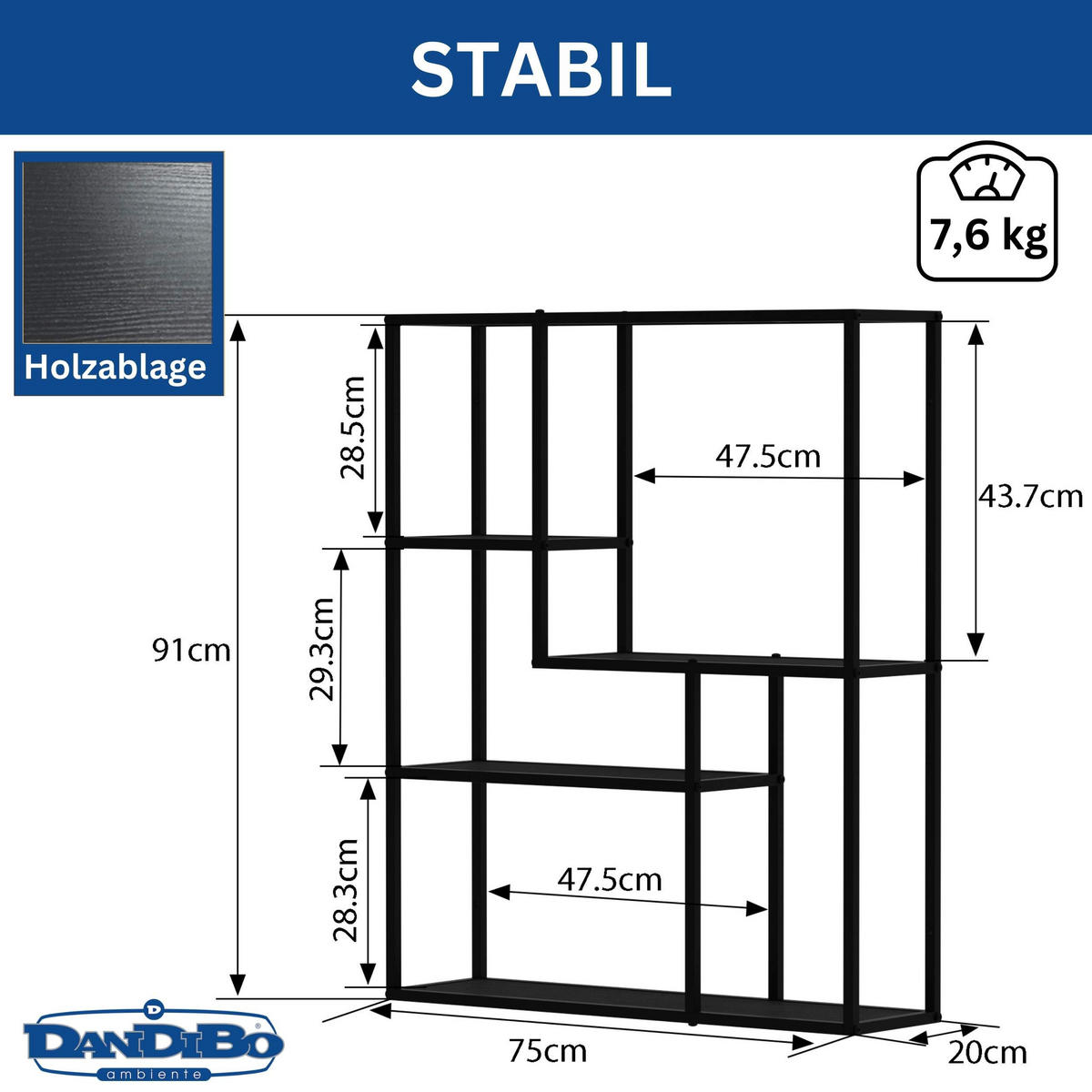 WANDREGAL Metall Schwarz Wandmontage 90x75x20 cm - Schwarz, Metall (75/91/20cm) - DanDiBo