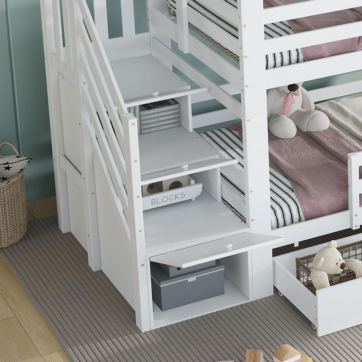 ETAGENBETT 90/200 cm in Weiß Kinderbett mit Treppenschrank, Schublade und Dach - Weiß, Holzwerkstoff (90/200cm) - STILVORA