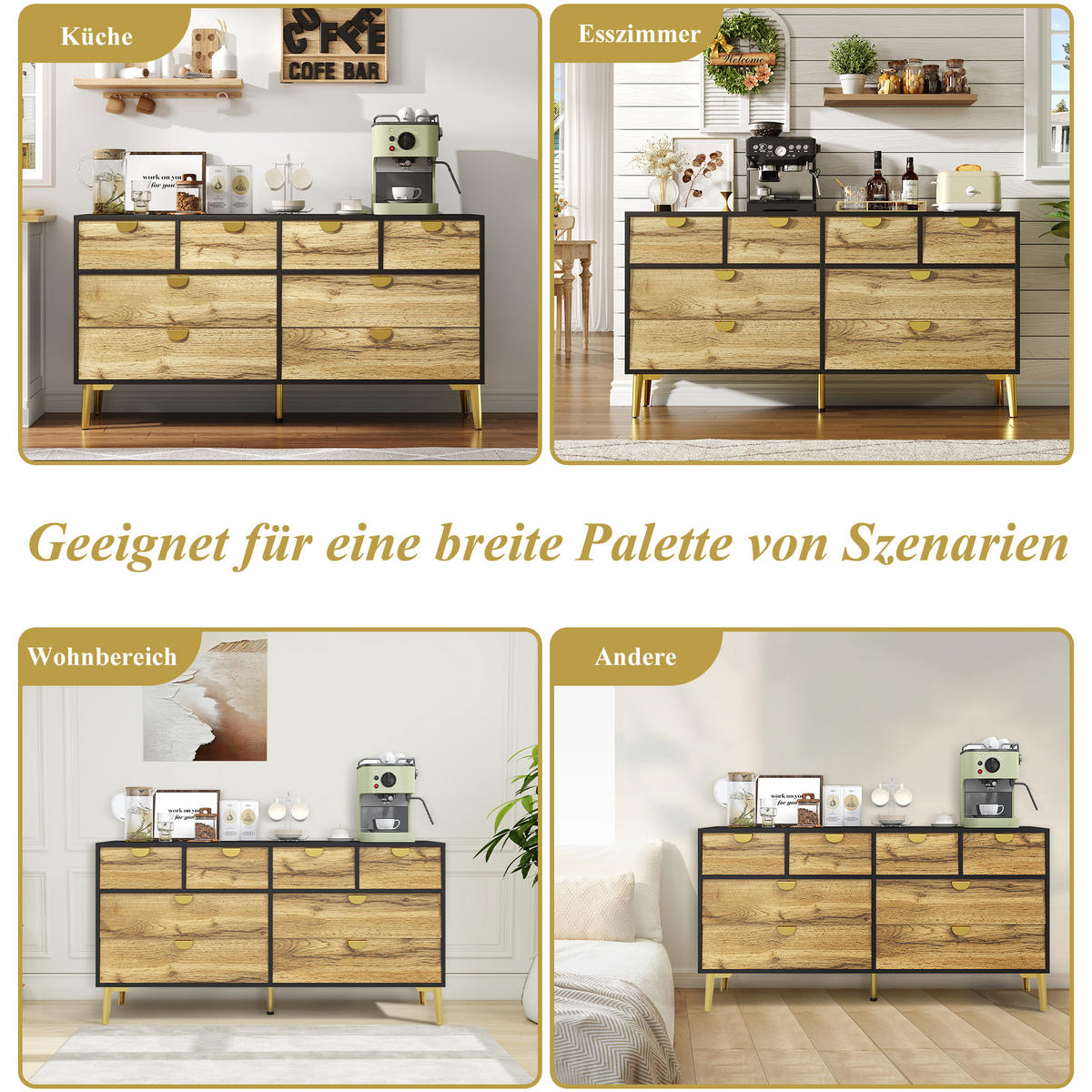 SIDEBOARD mit 8 Schubladen Brown und Black 150/40/78 cm - Braun, Holz (40/78/150cm) - Urban Meuble