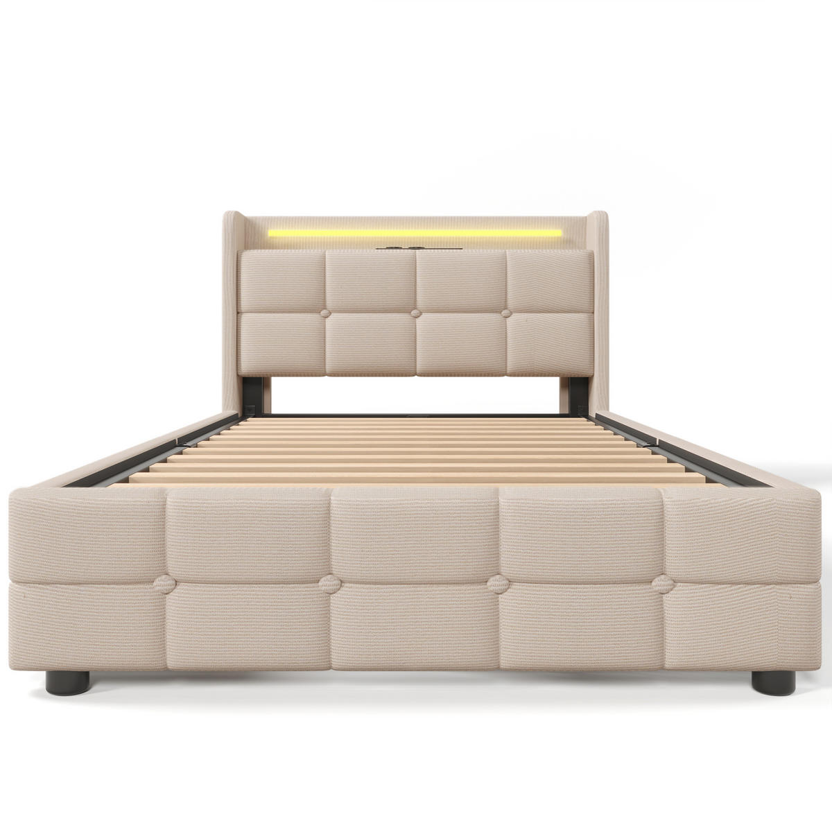 STAURAUMBETT 90/200 cm DE-00233, in Beige, LED und 2 Schubladen - Beige, Holz (90/200cm) - ComfortXL