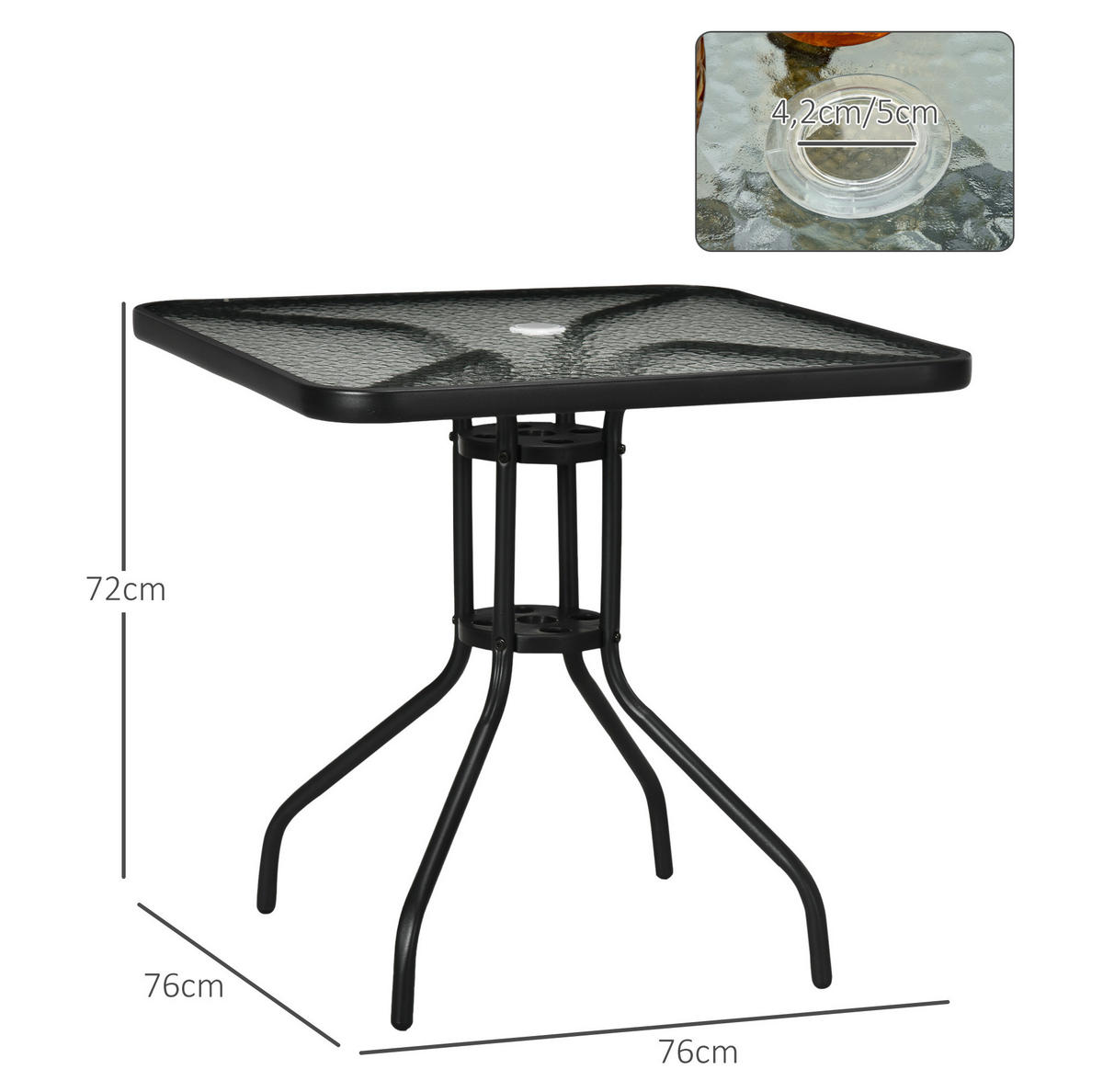 GARTENTISCH 76/76/72 cm mit Schirmloch, gehärteter Glasplatte und Metallgestell, Schwarz - Naturfarben, Metall (76/76/72cm) - Redom