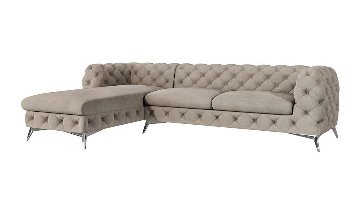 ECKSOFA Chesterfield Laura Dunkle Creme Samt - Silberfarben/Creme, Holz/Textil (305/200cm) - S-Style Möbel