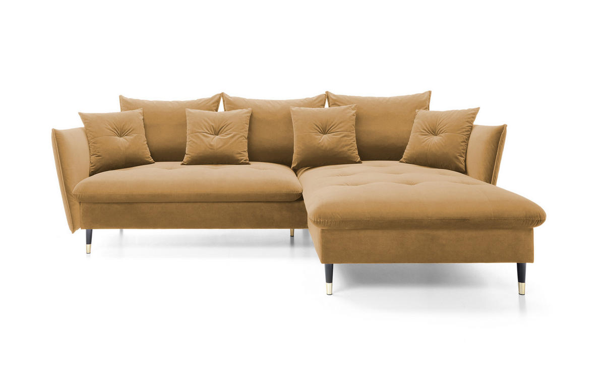 ECKSOFA GLAM mit Schlaffunktion, Ottomane & goldenen Füßen – Samtsofa im Glamour-Stil mit Zierkissen, 258x167x91 cm, rechte, platin​ - Platinfarben, Holz/Textil (258/167cm) - DomoHome