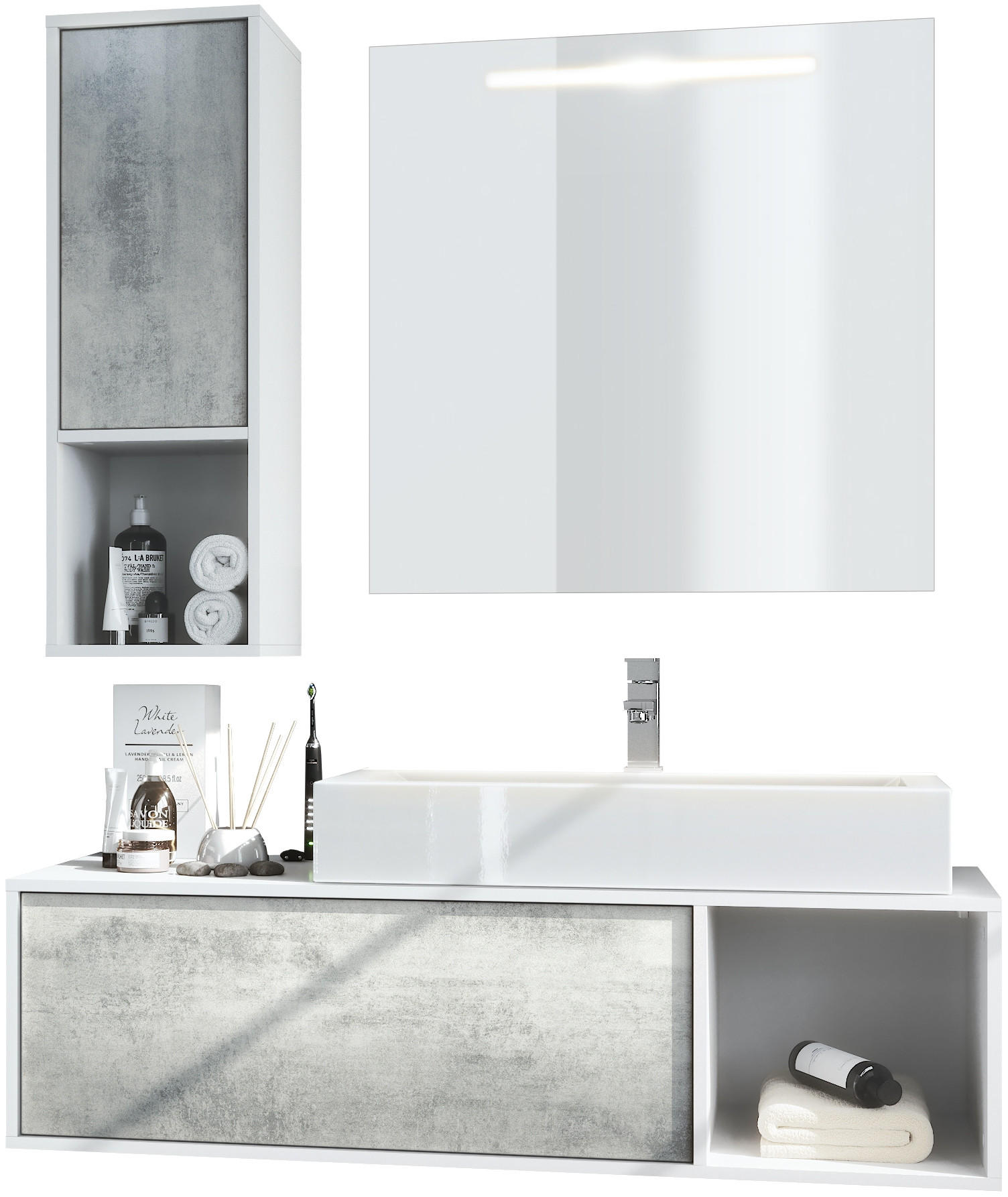 BADMÖBELSET La Costa Fronten in Beton Oxid Optik - Hellgrau, Holzwerkstoff (126.5/190/46cm) - Vladon
