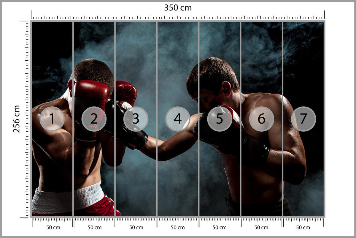 FOTOTAPETE für Jugendzimmer Boxer Männer Training Kampf Rauch 350x256 - Beige/Rot, Papier (350/256cm) - Muralo