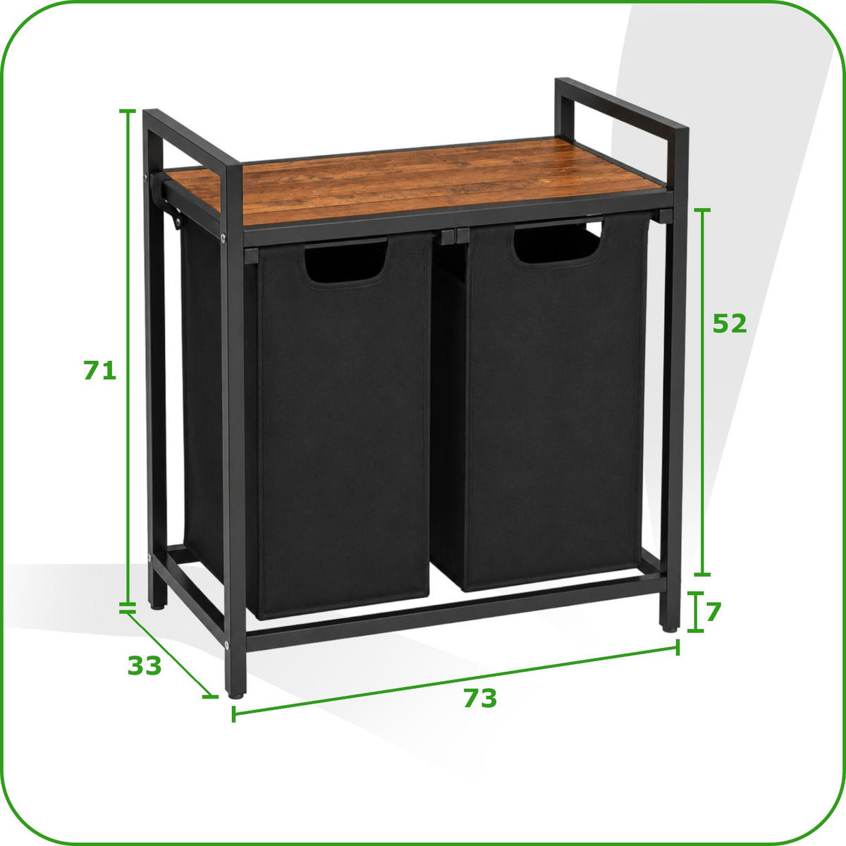 WÄSCHEKORB – Metall – Schwarz – 2 herausnehmbare Wäschesäcke – Ablage – 73x33x71 cm (92l) - Schwarz/Braun, Metall (73/71/33cm) - Begryf