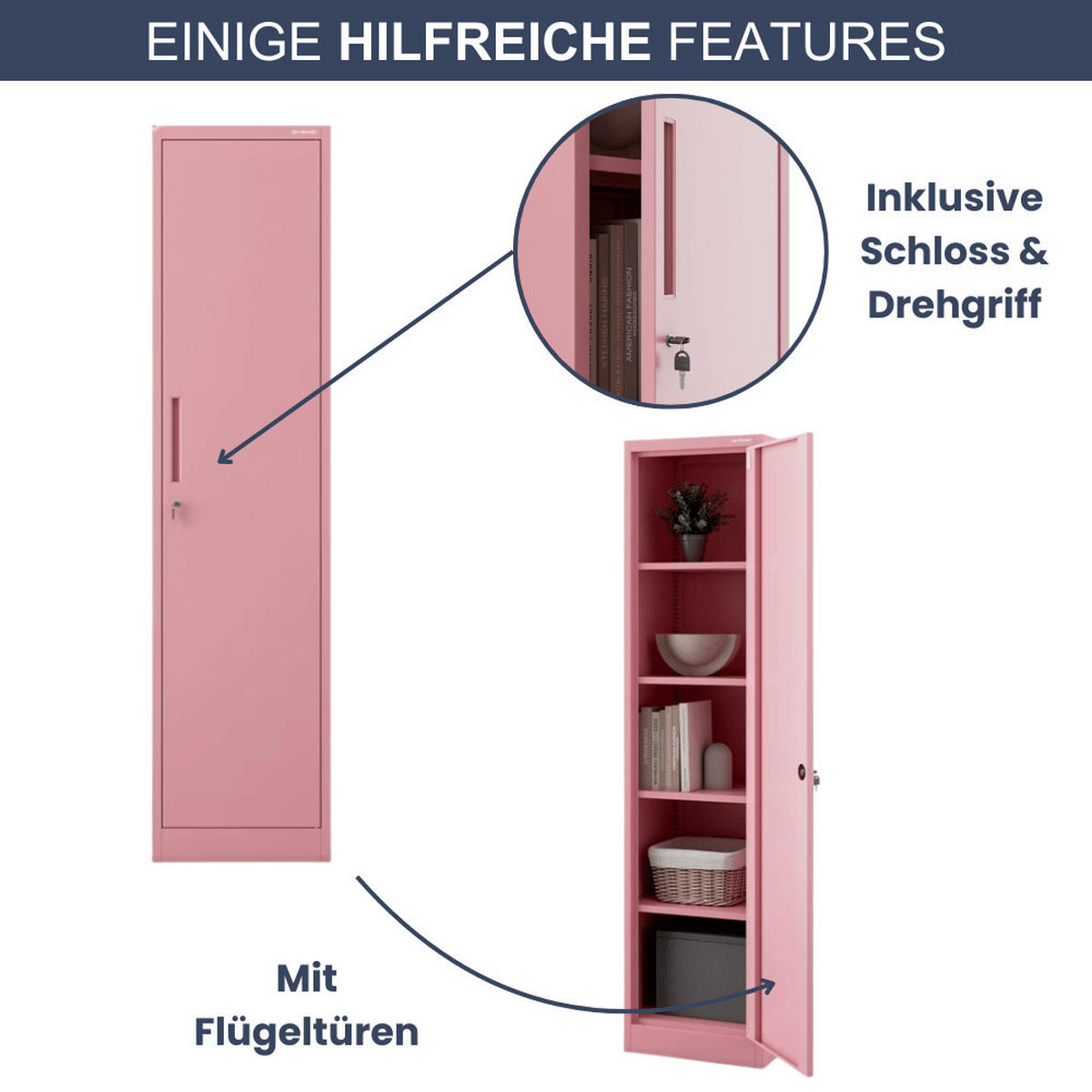 AKTENSCHRANK abschließbar KADO mit Flügeltüren 185x45x40cm Rosa - Rosa, Metall (45/185/40cm) - DELUKE