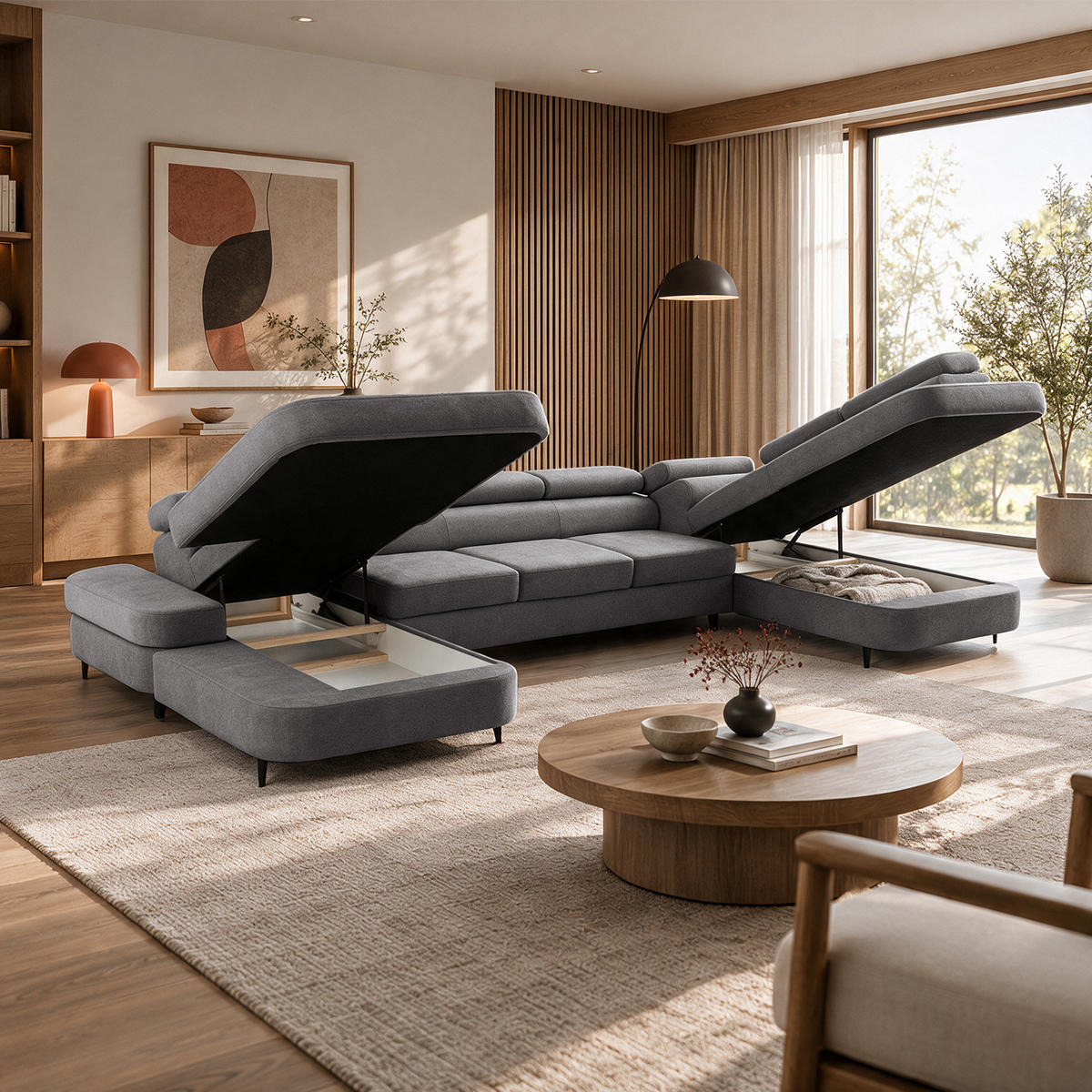 ECKSOFA U-Form PRIAM MAXI U Rechts mit Schlaffunktion 125x317 Velours Grau - Schwarz/Grau, Holz/Textil (400/91/203cm) - Muffo