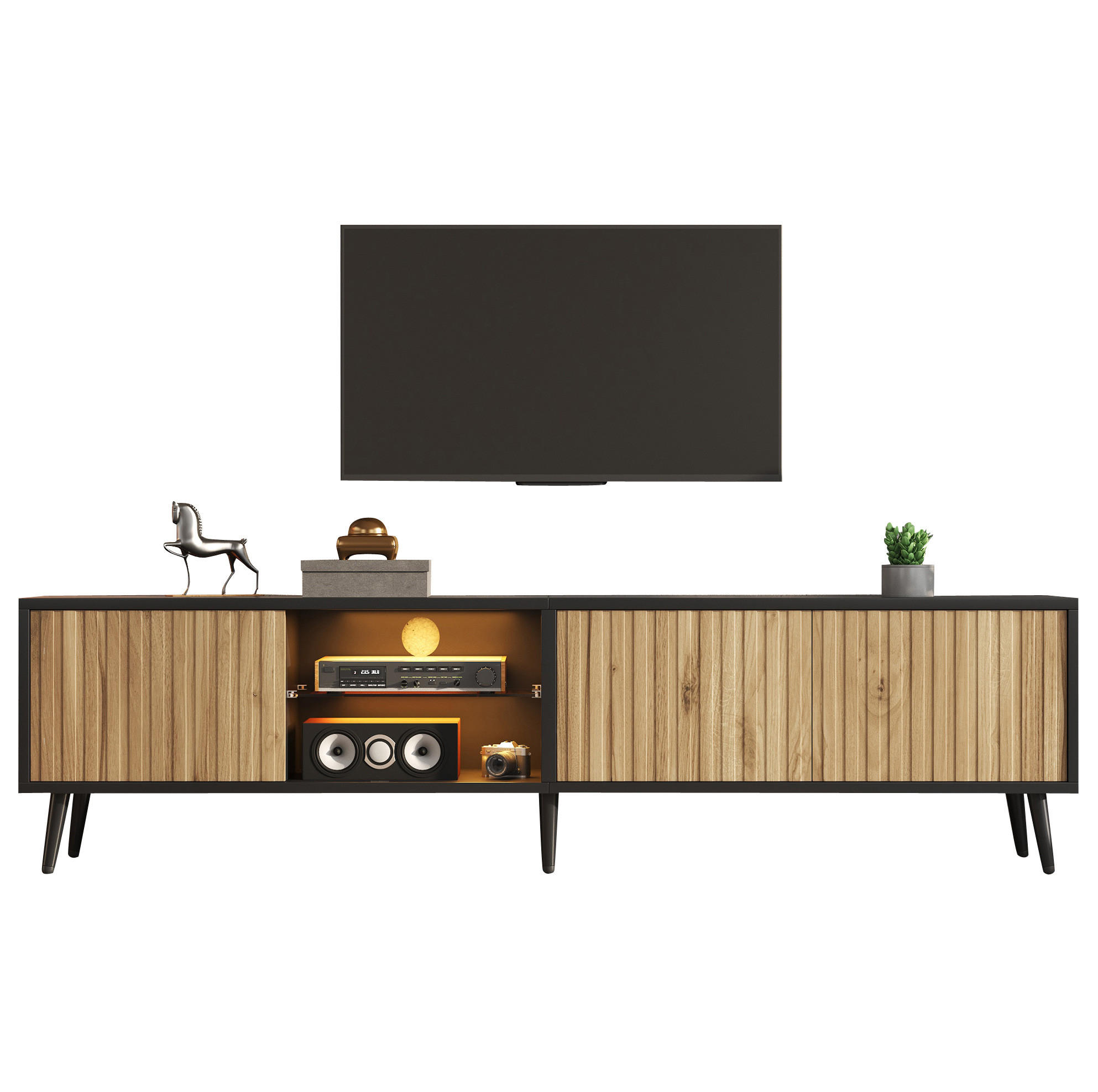 TV-LOWBOARD 175/31/43,5 cm naturfarben/schwarz aus Spanplatte mit LED - Naturfarben, Holzwerkstoff (31/43.5/175cm) - OKWISH