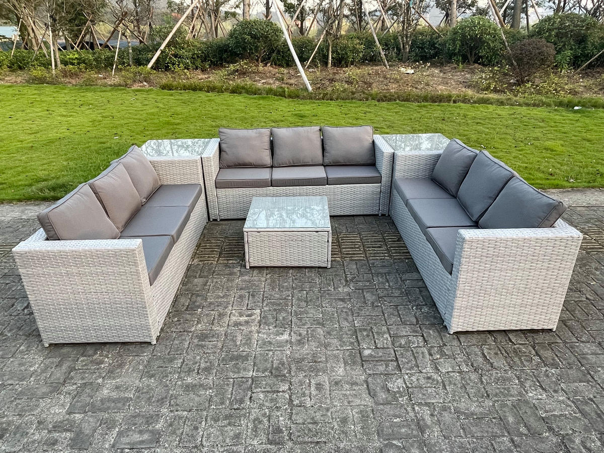 GARTENSOFA SET mit Couchtisch Polyrattan Helles Grau 9-Sitzer - Hellgrau, Metall - Fimous