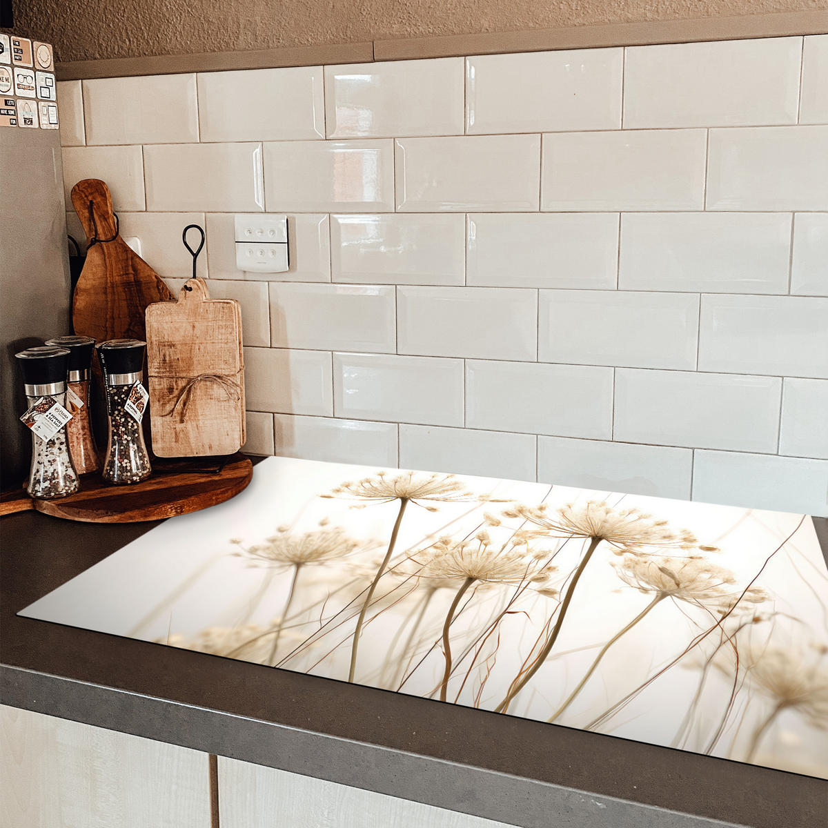 HERDABDECKPLATTE Blumen - Weiß - Sonnenlicht Induktionsmatte 83x51 cm - Ecru, Kunststoff (83/51.5/0.2cm) - MuchoWow