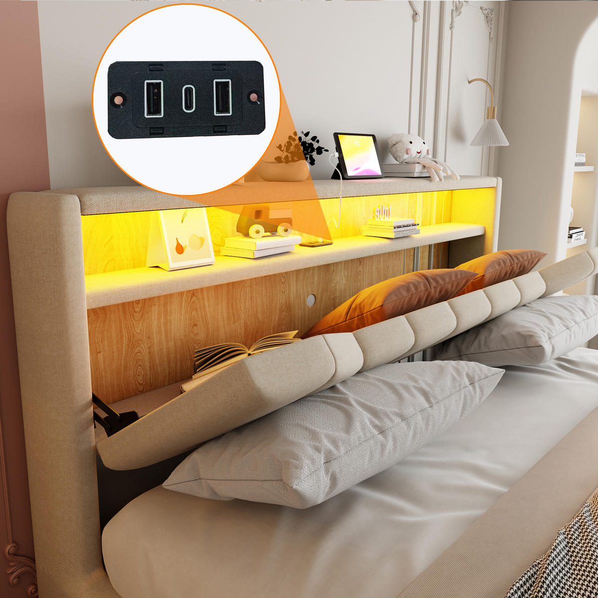 BOXBETT 180/200 mit Bettkasten, LED/USB-C, Lattenrost, Leinen, Beige - Beige, Holz/Textil (180/200cm) - LVHOM