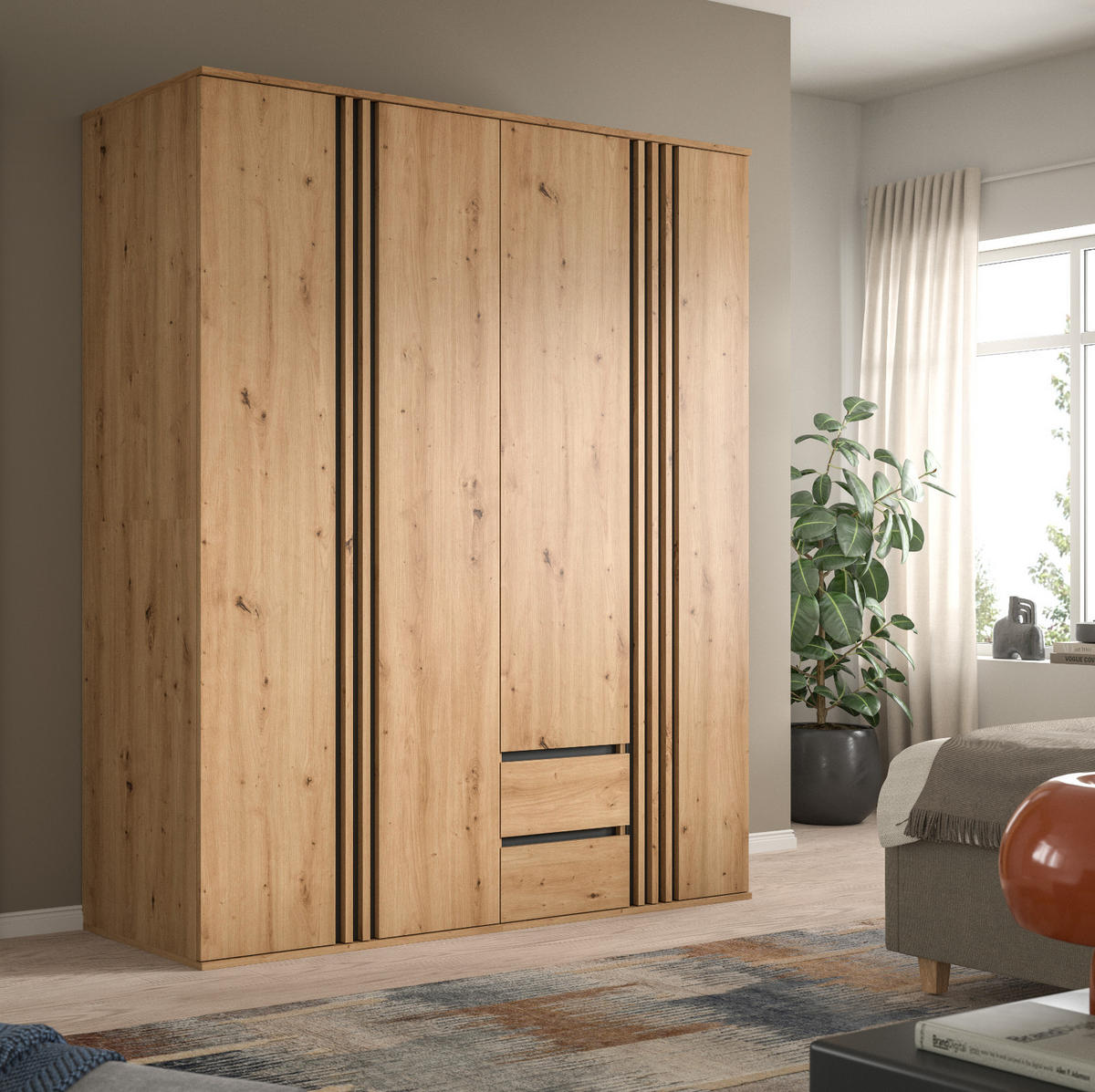 KLEIDERSCHRANK Eiche Artisan, grau 160 x 192 cm, Drehtürenschrank 4-türig - Anthrazit/Eiche Artisan, Holzwerkstoff (160/192/56cm) - Inn.Furn