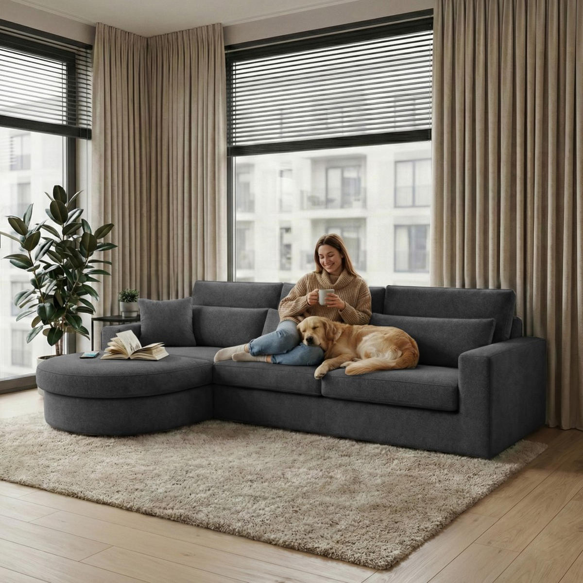 ECKSOFA Pablo ohne Schlaffunktion, mit abgerundeter Ottomane, links, Dunkelgrau, Velourstoff - Dunkelgrau, Textil (319/196cm) - Beautysofa