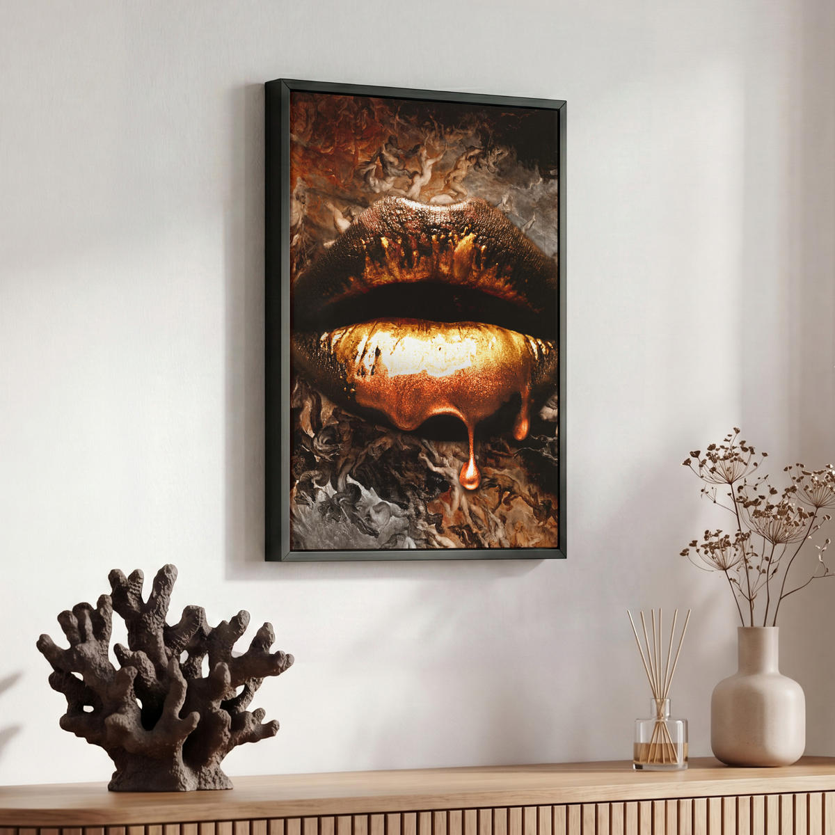 LEINWAND Bilder mit Rahmen - Gold - Lippen - Kunst - Gold - Luxus - Abstrakt - 30x40 - Kupferfarben, Textil (30/40cm) - MuchoWow