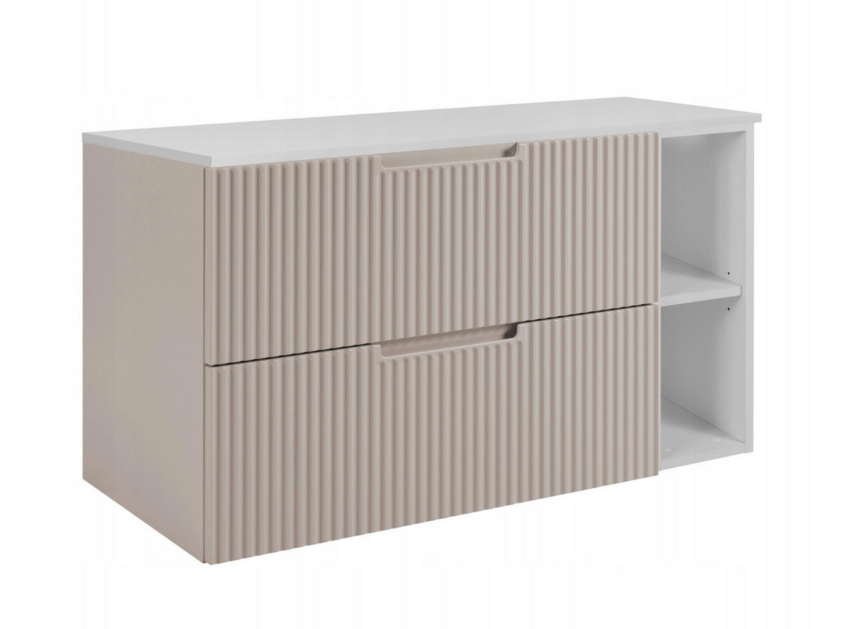 WASCHBECKUNTERSCHRANK VENA 80 cm mit Arbeitsplatte Farbe: Mattweiß mit einem Regal Gerillte Vorderseite Kaschmir - Kaschmir/Weiß, Holzwerkstoff (80/58/46cm) - Rodan