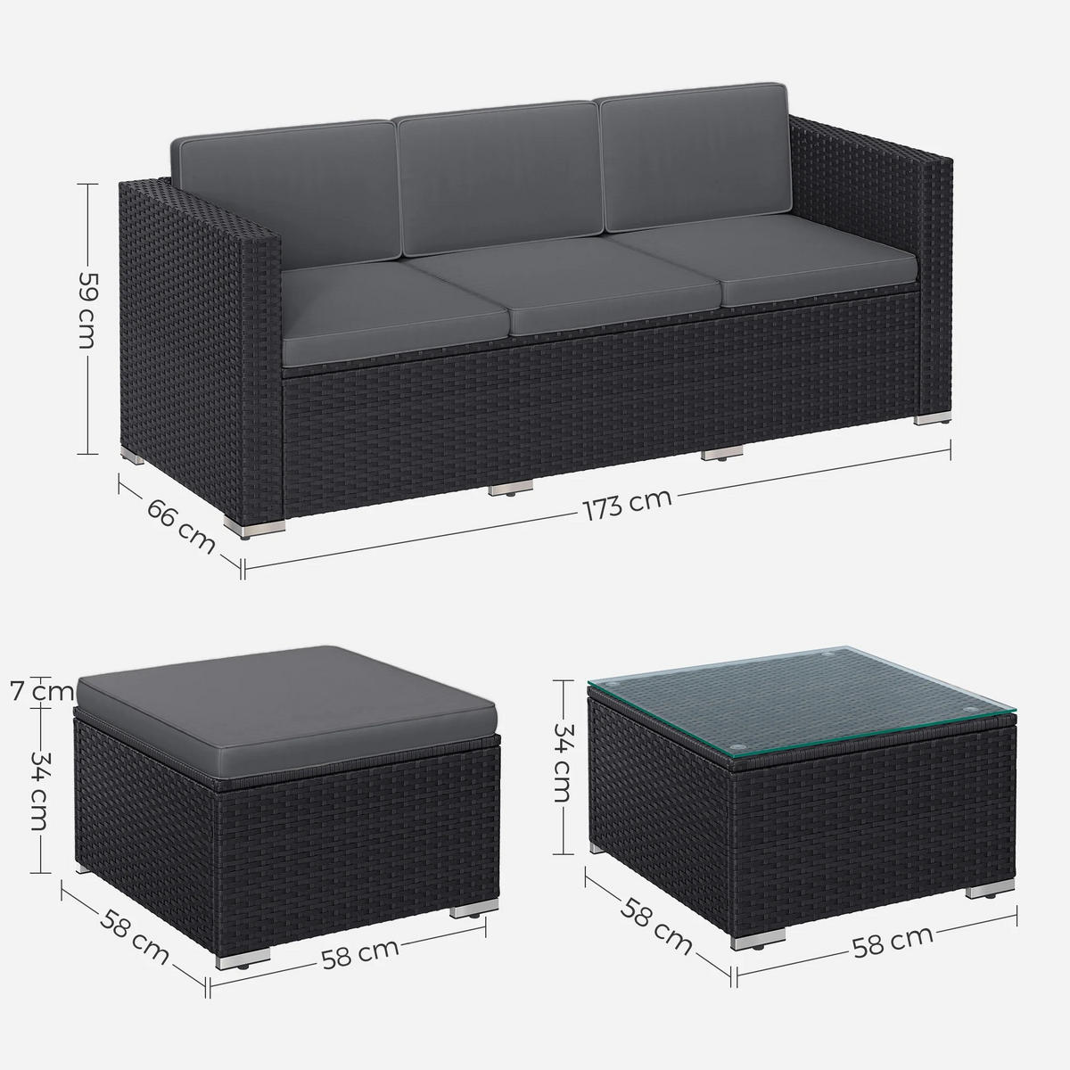 LOUNGEGARNITUR PE-Polyrattan Schwarz, Sofa mit Tisch - Schwarz, Textil - Kaket
