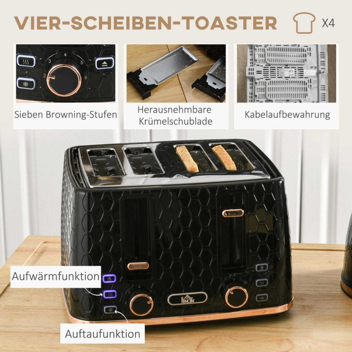 WASSERKOCHER-TOASTER SET, 1,7 L, 4 Scheiben, Kunststoff, Schwarz - Schwarz, Kunststoff (19.5/23.4/24.2cm) - Rolipo