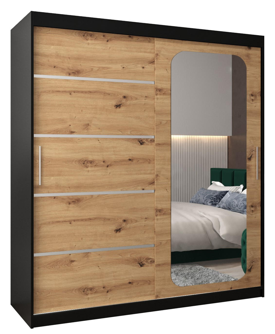 SCHWEBETÜRENSCHRANK 200/180/62 2-türig - Silberfarben/Schwarz, Holz/Kunststoff (180/200/62cm) - Abiks Möbel