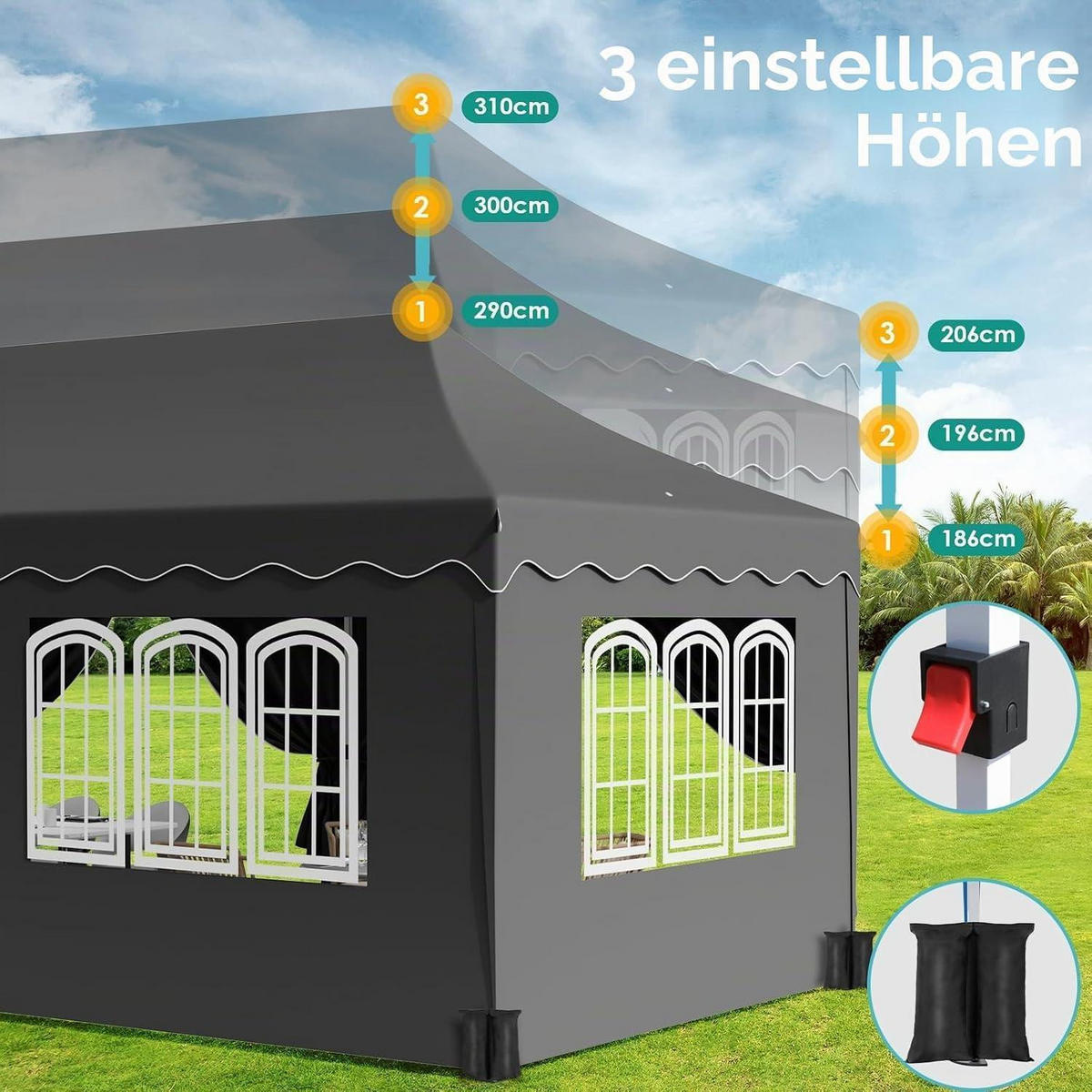FALTPAVILLON 3x6 m Grau Wasserdicht mit 6 Seitenwänden, winterfest - Grau, Textil (300/310/600cm)