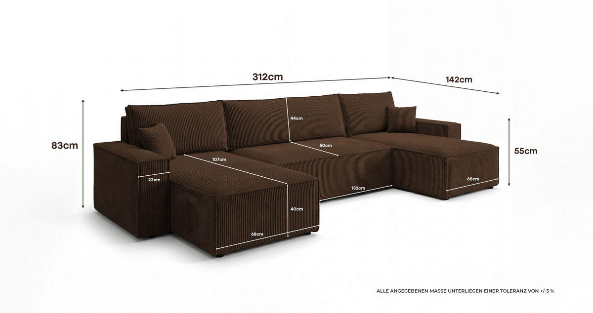 SEDACÍ souprava CALIFORNIA MINI tvar U hnědá manšestr Poso 6 - funkce spaní, úložný prostor - hnědá, textil (312/85/142cm) - Cornero