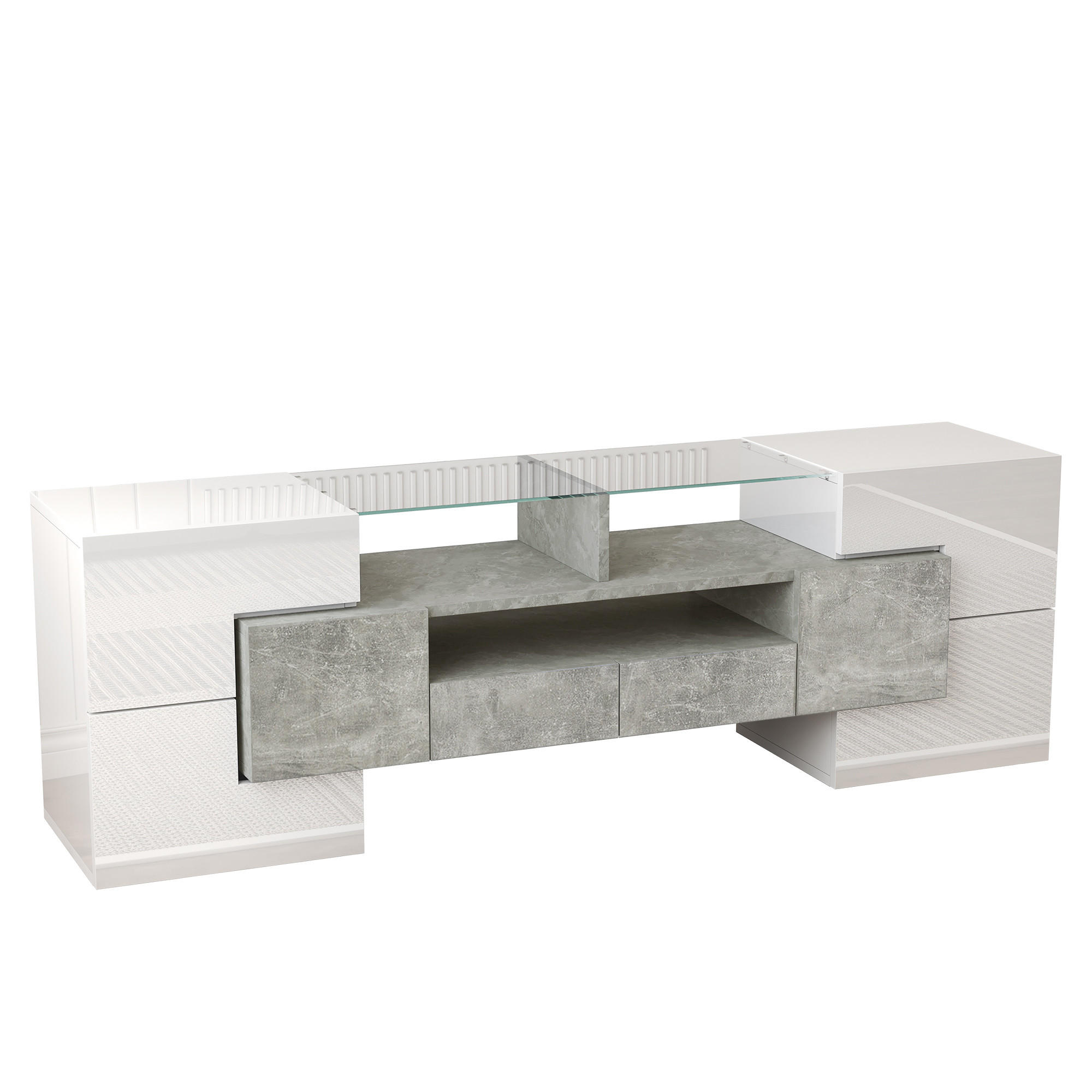 TV Lowboard LED, Hochglanz, 4 Türen, 2 Schubladen, Beton - Weiß, Holz (145/51/30cm)