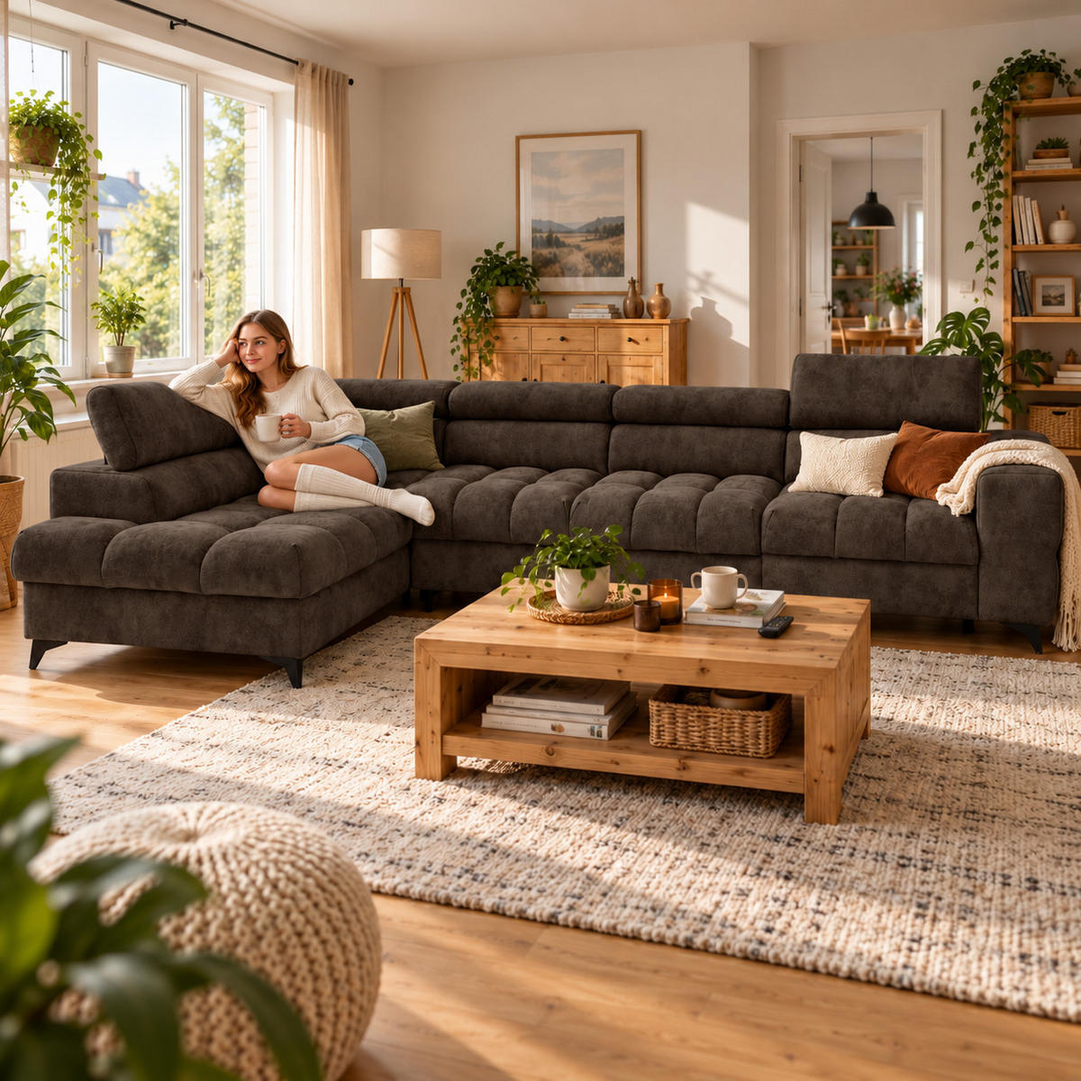 ECKSOFA PUDDING MAXI L Links mit Schlaffunktion 125x195 Velours Dunkelbraun - Dunkelbraun/Schwarz, Holz/Textil (350/203cm) - Muffo