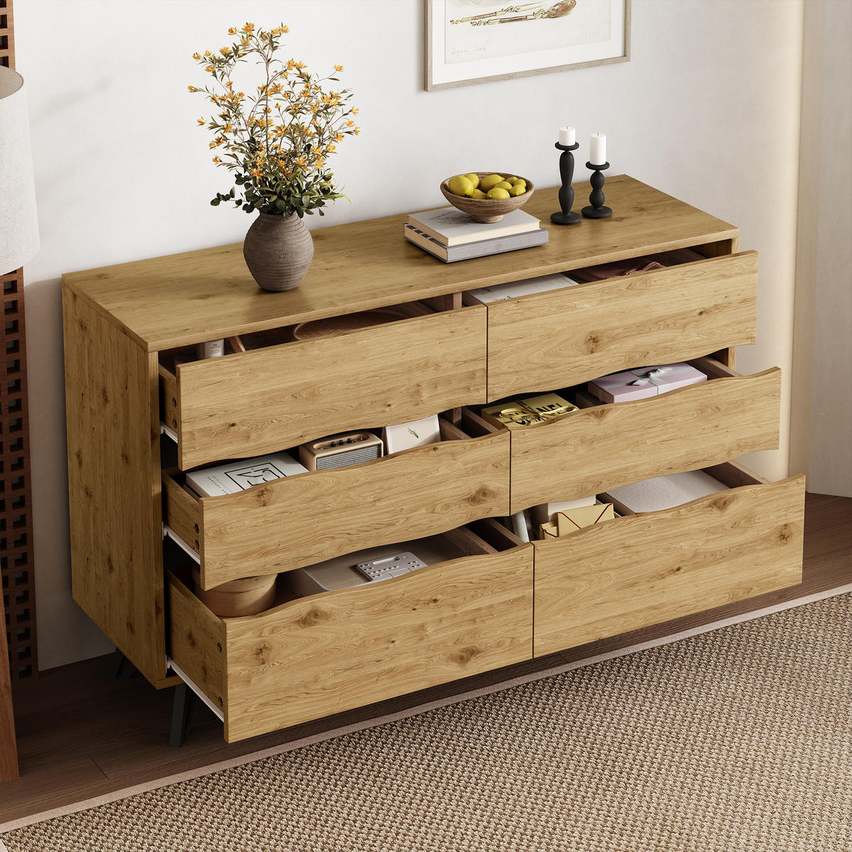 SIDEBOARD mit 6 Schubladen, Holzoptik mit wellenförmigen Fronten und schwarzen Metallfüßen, 120/40/75,5 cm,Naturfarben - Naturfarben, Holzwerkstoff (120/75.5/40cm) - Redom
