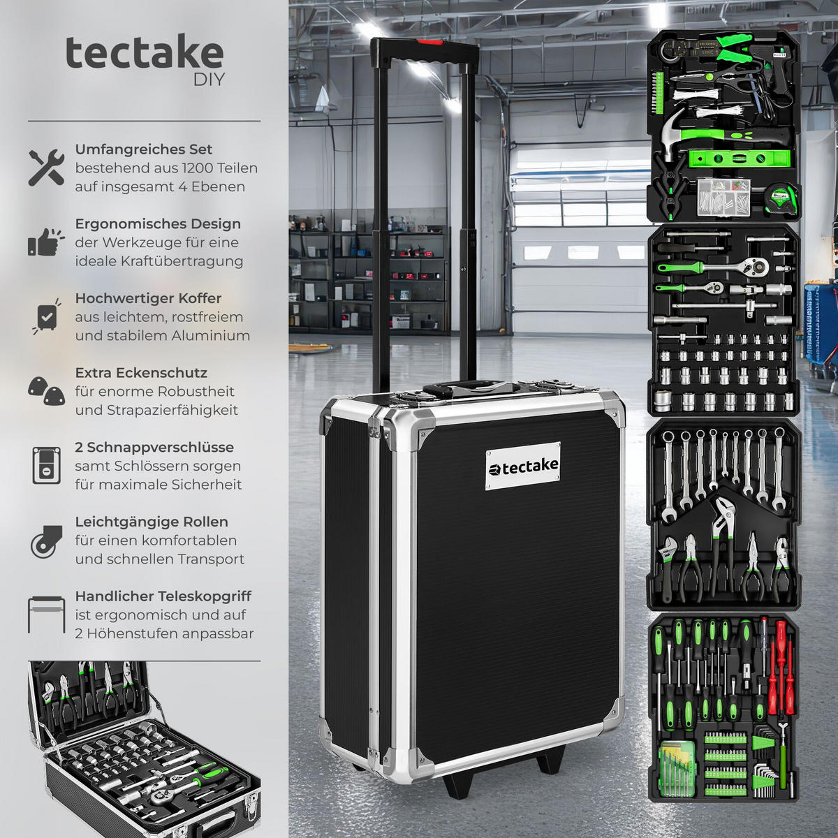 WERKZEUGKOFFER Alu-Trolley 1200-tlg., 4 Ebenen, abschließbar, schwarz, 37 x 20 x 47 cm - Schwarz, Metall (20/100/37cm) - tectake