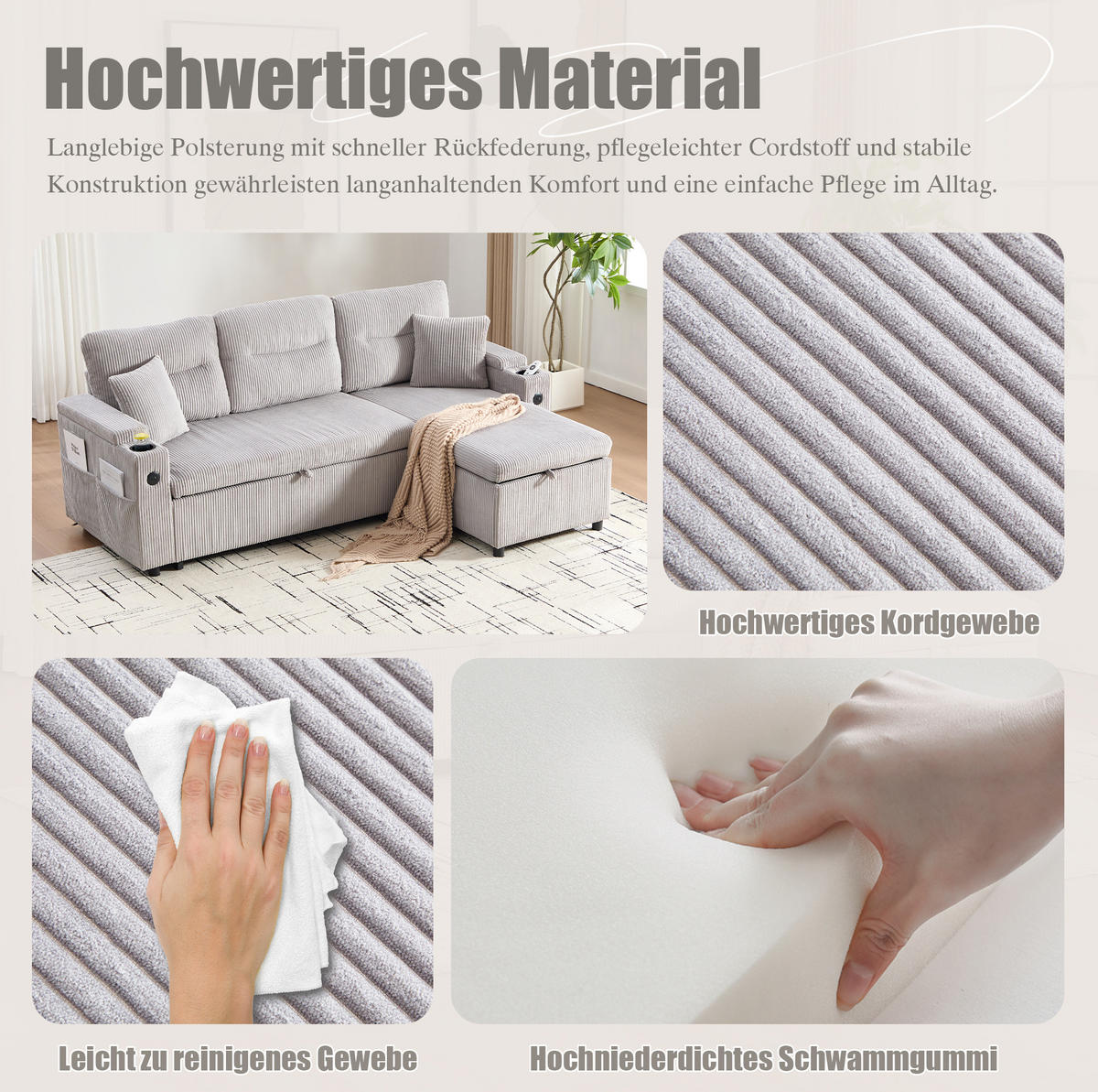 ECKSCHLAFSOFA 3-Sitzer Cord mit Schubladenbett und USB-Anschluss Hellgrau 212,5/136/86 cm - Hellgrau, Textil (136/212.5cm) - Redom
