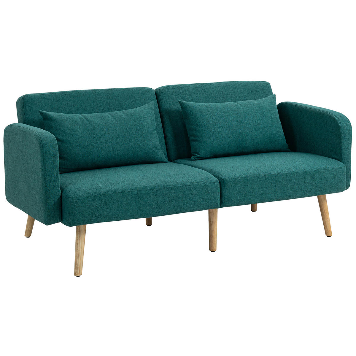 SCHLAFSOFA, 3-Sitzer-Sofa mit Bettfunktion, 2 Kissen, Leinenoptik, Grün - Naturfarben/Grün, Holz/Textil (83/80/170cm) - HOMCOM