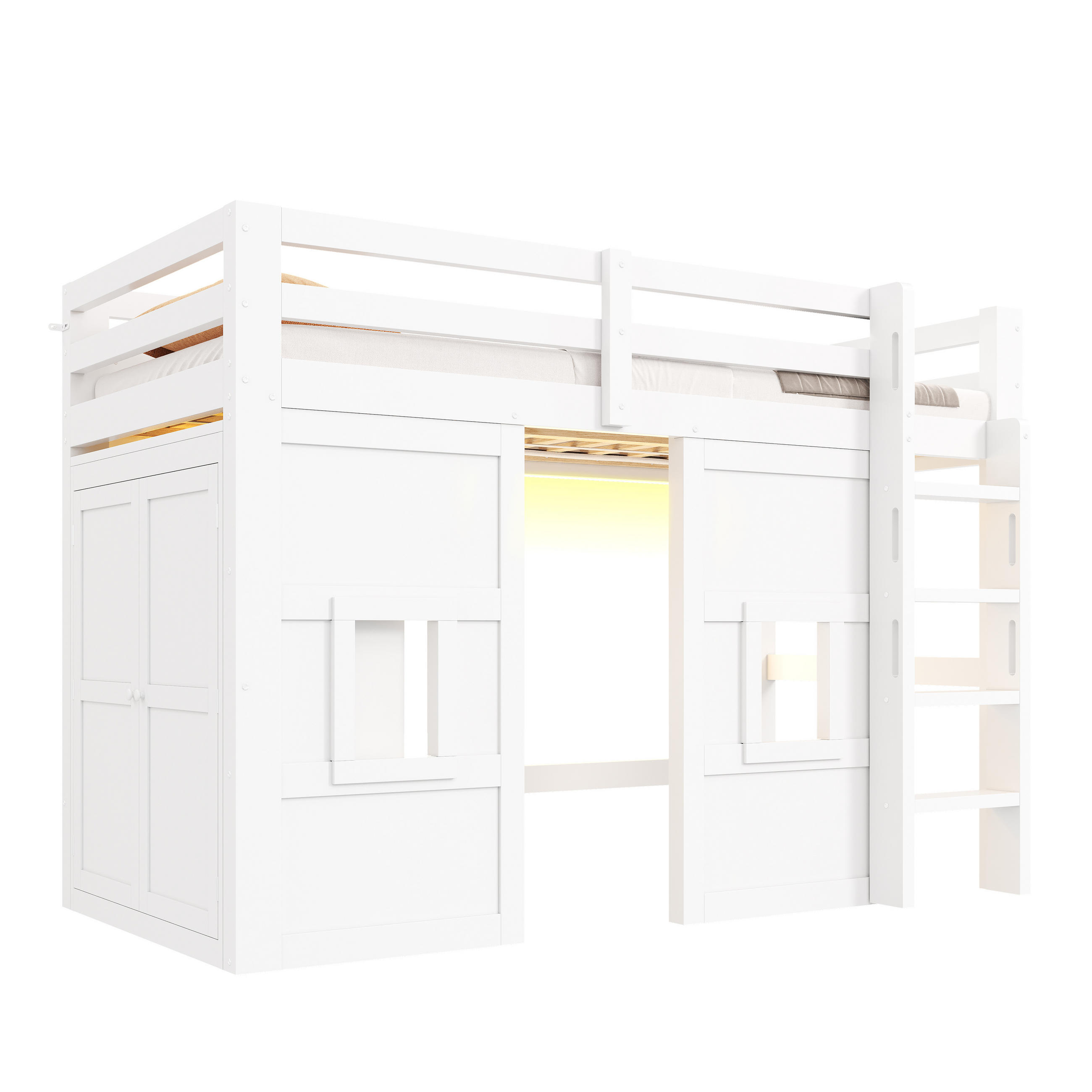 HOCHBETT 90/200 cm in Weiß mit Kleiderschrank, LED und 2 Fenstern - Weiß, Holzwerkstoff (90/200cm) - STILVORA