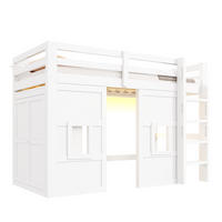 HOCHBETT 90/200 cm in Weiß mit Kleiderschrank, LED und 2 Fenstern - Weiß, Holzwerkstoff (90/200cm) - STILVORA