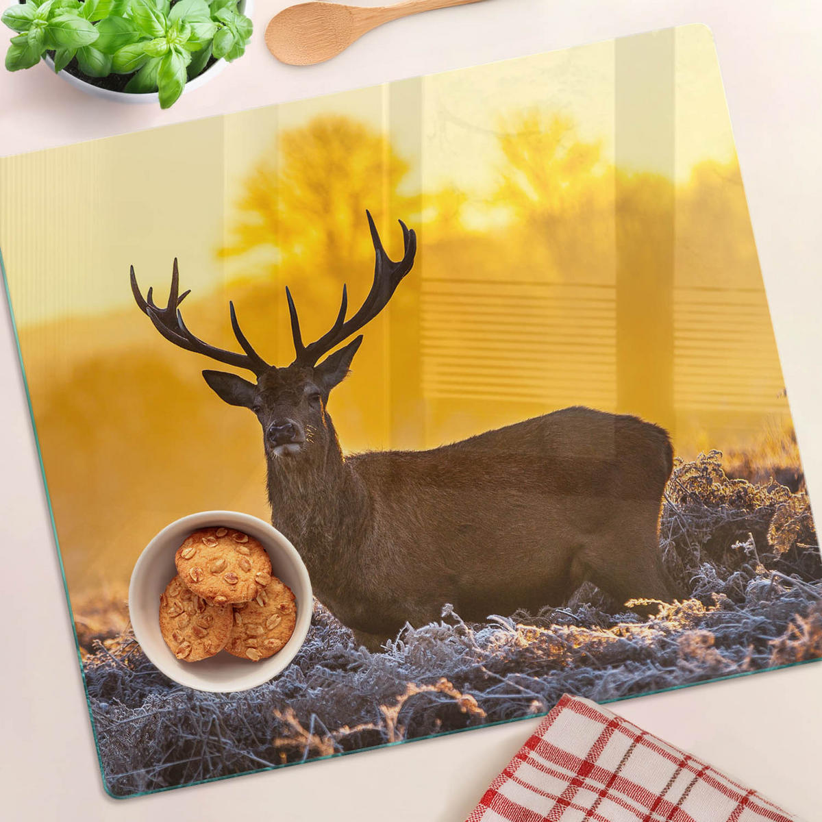GLASPLATTE 60x52 cm Sonnenaufgang über dem Hirsch - Orange, Glas (60/0.4/52cm) - TULUP