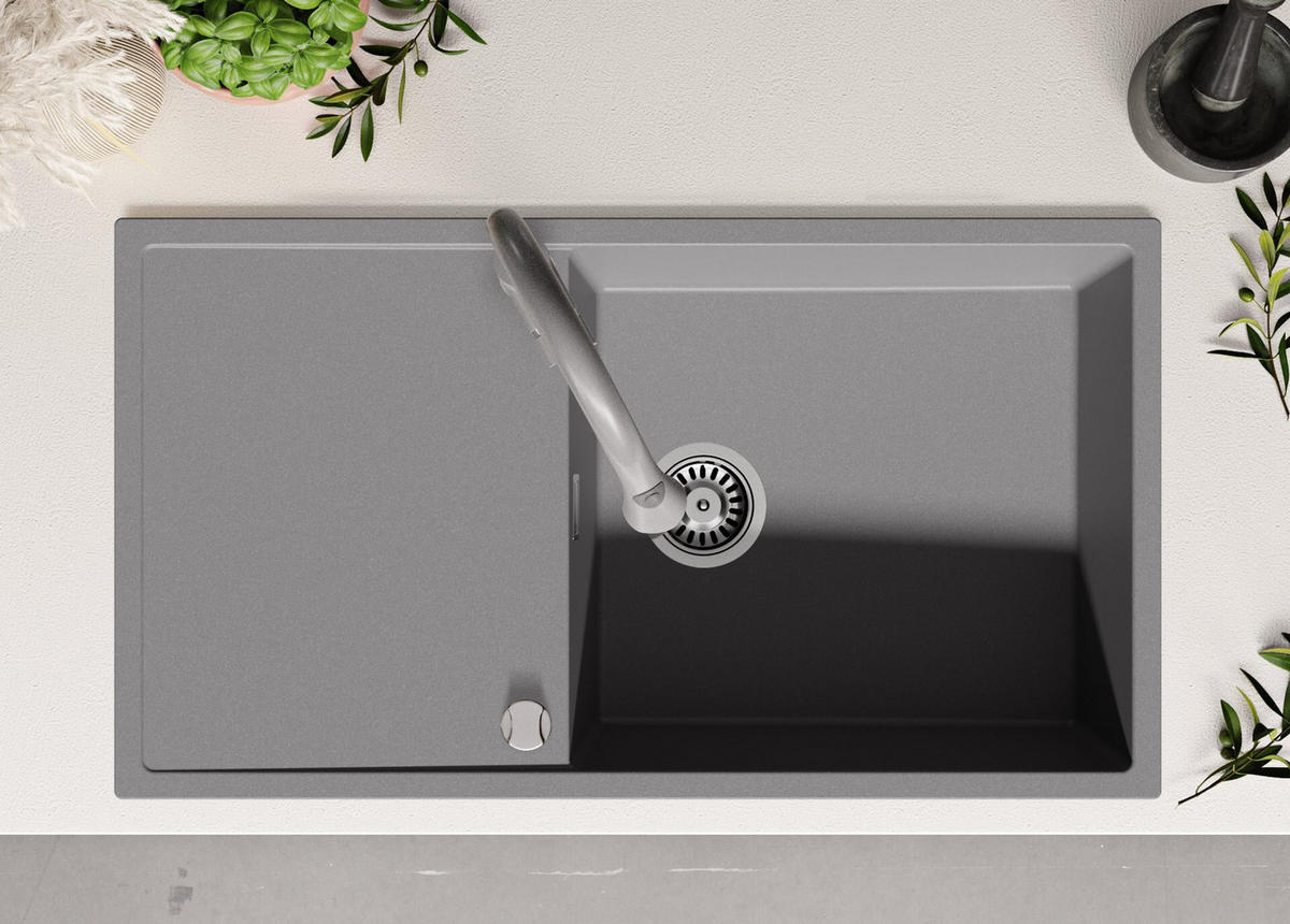 GRANITSPÜLE Ibiza, 2-er set Grau 90/50 cm 1 Becken + Küchenarmatur 38/14 cm + Ablauf-Set ab 60er Unterschrank - Grau, Kunststoff (90/19/50cm) - Primagran