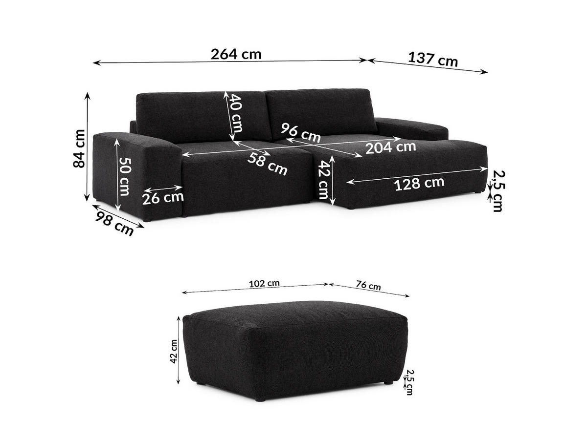 ECKSOFA inkl. Hocker Lennon aus Schwarz Strukturstoff mit Schlaffunktion und Bettkasten - Schwarz, Holz/Kunststoff (264/137cm) - S-Style