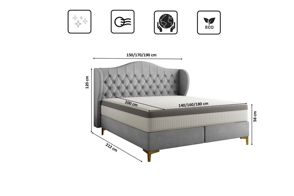 BETT mit Taschenmatratze LEGEND, Whisper-Stoff Grau 180x200 cm - Grau, Holz/Textil (180/200cm) - Kaiser Möbel