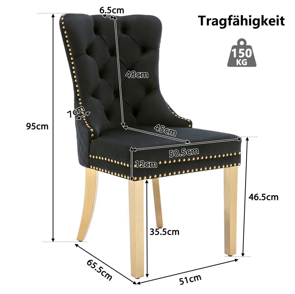 ESSZIMMERSTUHL 50,5 x 45 x 95 cm Samt Schwarz - Schwarz, Metall (45/95/50.5cm) - Meubliv