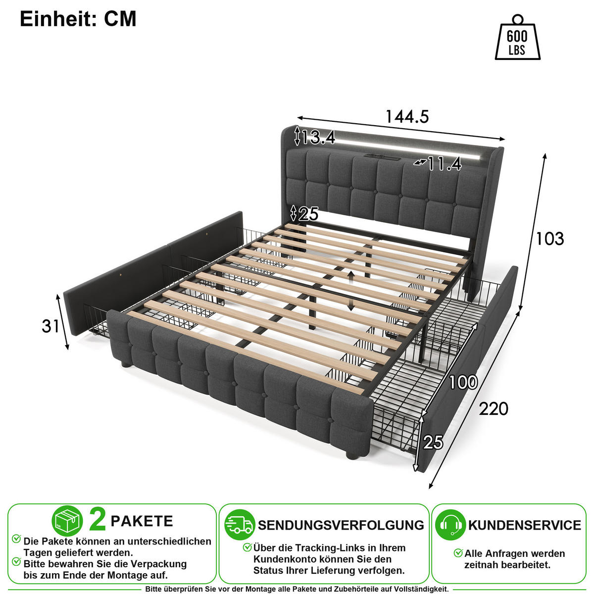 POLSTERBETT 140/200 cm in Grau mit 4 Schubladen, LED und USB - Grau, Holzwerkstoff/Textil (140/200cm) - CHICFURN