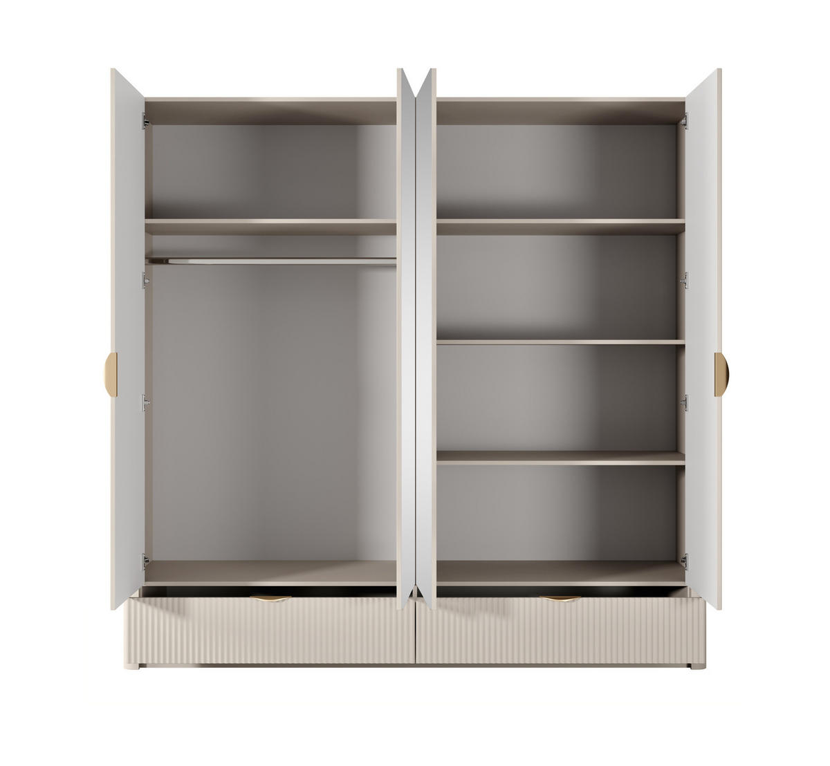 KLEIDERSCHRANK Flore 4-türig Beige / Gold - 213 cm - mit Spiegel - Beige/Gelb, Holz/Holzwerkstoff (213/208/55cm) - Ravio