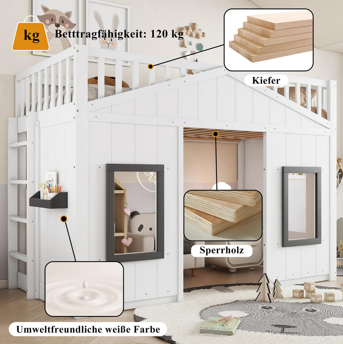 VÝŠKOVÁ posteľ 90/200 cm biela a sivá z borovice a MDF s oknami a schodíkmi s ochranou proti pádu - biela, kompozitné drevo (90/200cm) - OKWISH
