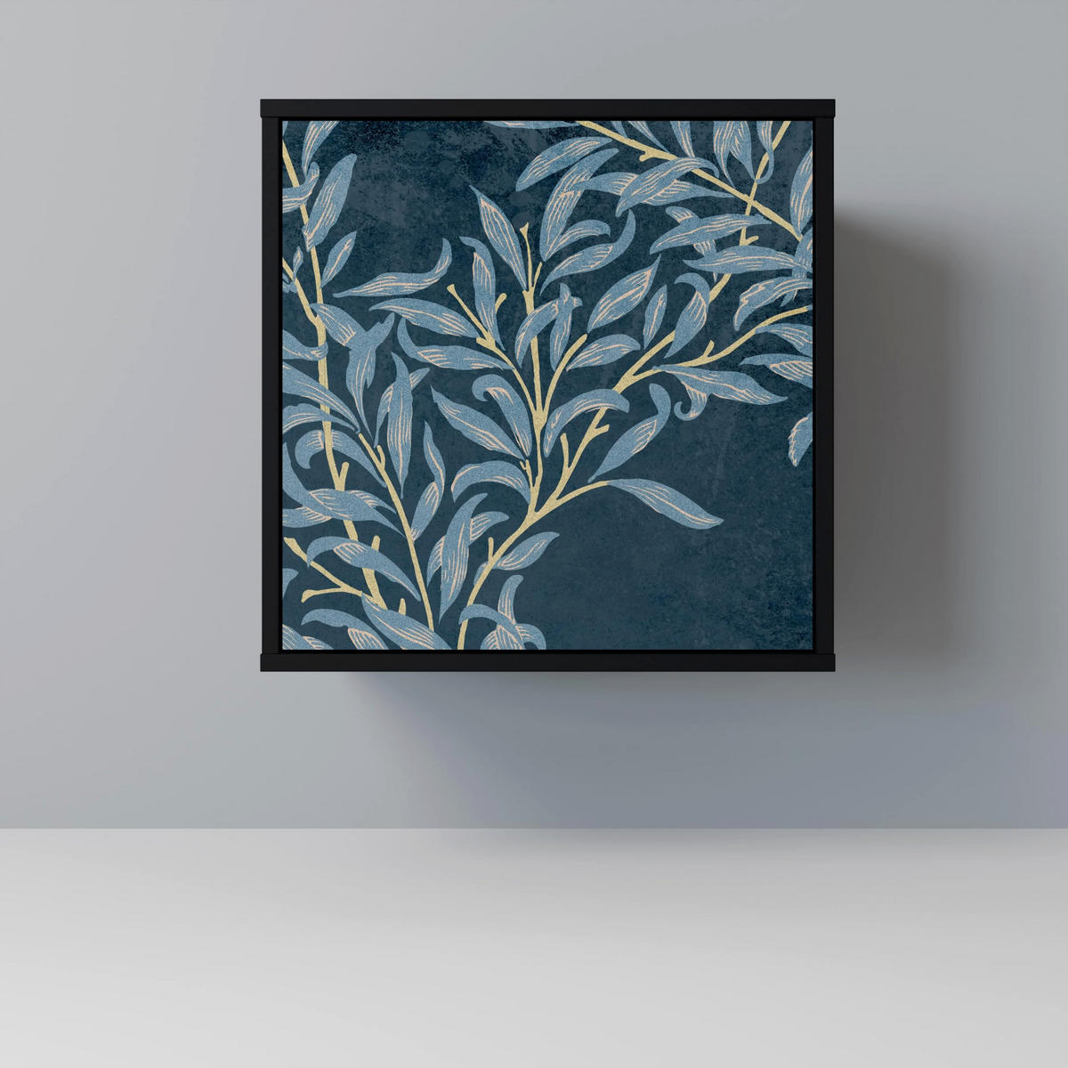 SIDEBOARD BLUE LEAVES, Schwarz, 57,5x42x67,5 cm, Schwarze Metall-Rahmenfüße - Multicolor/Schwarz, Holzwerkstoff/Metall (57.5/67.5/42cm) - SpaceRebels