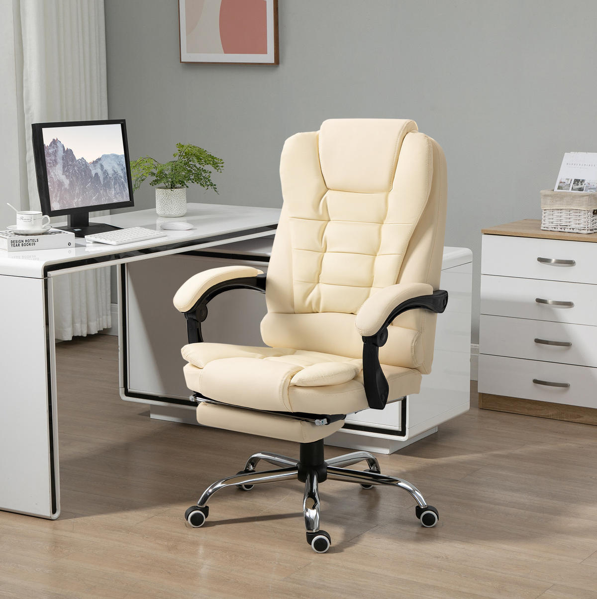 CHEFSESSEL 64,5/109-117/69 cm Cremeweiß aus Kunstleder mit Fußstütze - Creme, Kunststoff (69/117/64.5cm) - OKMYHOME
