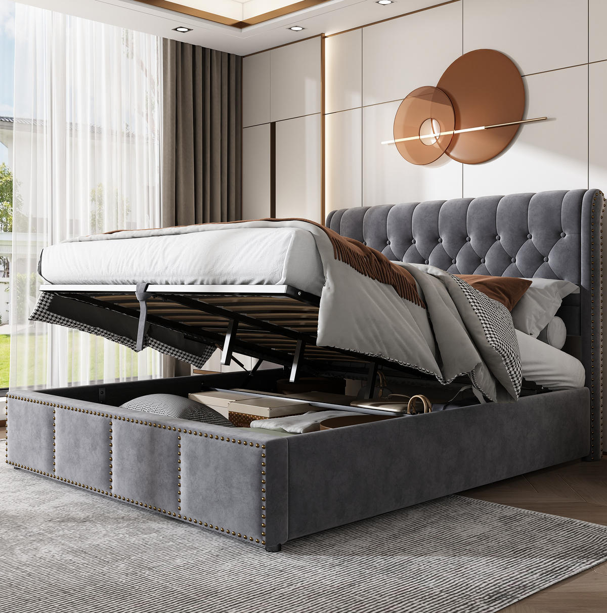 POLSTERBETT 180/200 cm grau aus Samt mit Bettkasten - Grau, Textil (180/200cm) - OKMYHOME