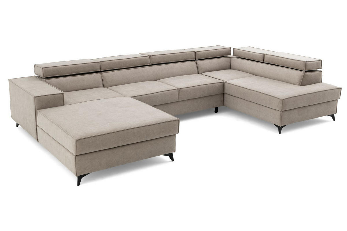 ECKSOFA PURE U Rechts mit Schlaffunktion 127x270 Velours Creme - Creme/Schwarz, Holz/Textil (204/340cm) - Muffo