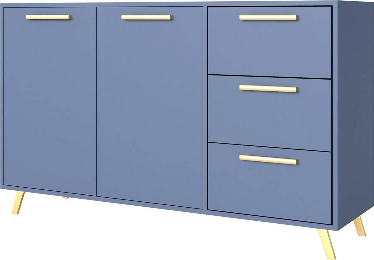 KOMMODE Nancy mit 3 Schubladen und 2 Türen, Sideboard in Farbe: Blau, Schrank in Größe: 140 x 86 x 41 cm - Blau, Holzwerkstoff (140/86/41cm) - Agmat-Furniture