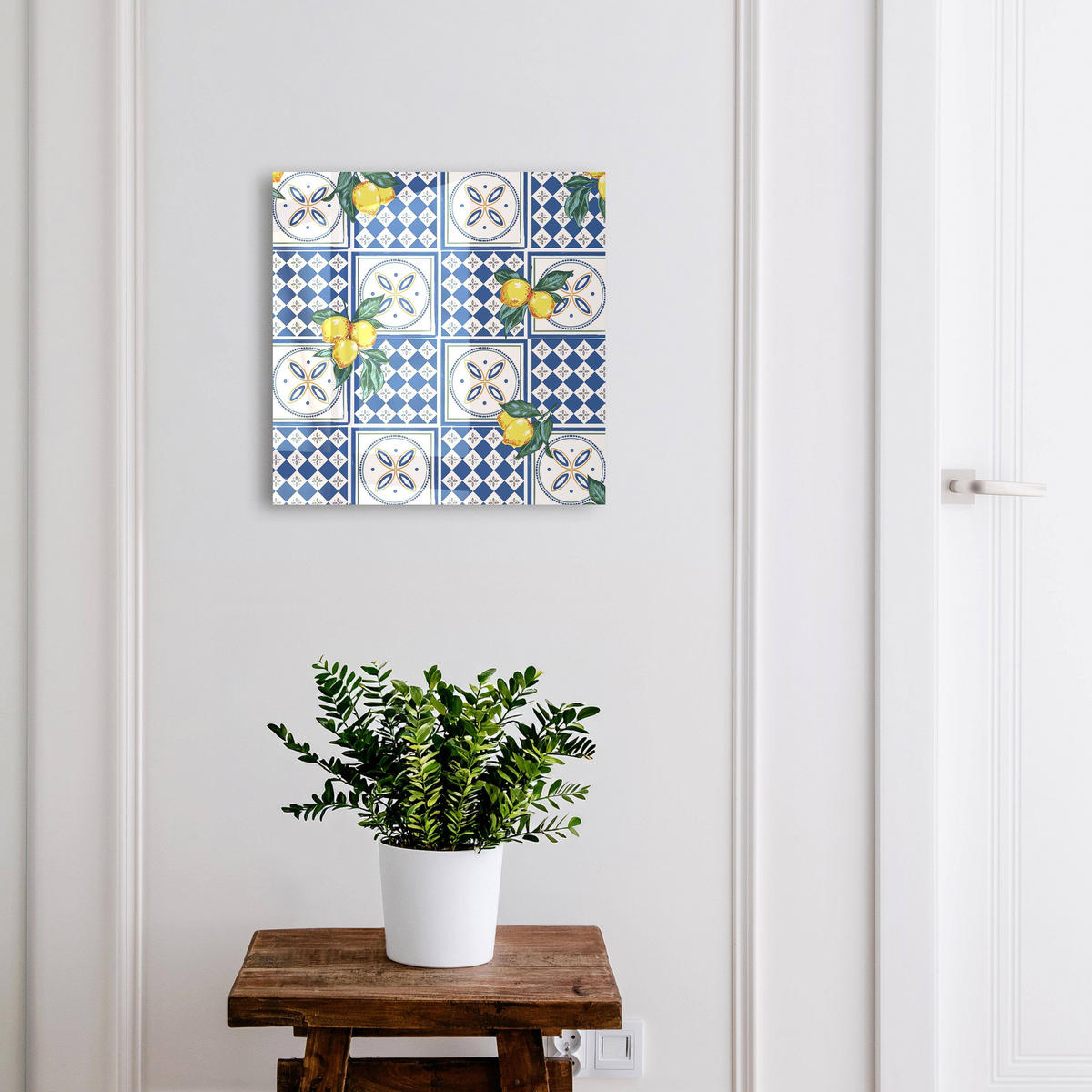 SCHLÜSSELBOX Weiß 30x30 cm – Türöffnung nach rechts - Zitronenfliesen - Blau, Metall (30/30/5cm) - TULUP