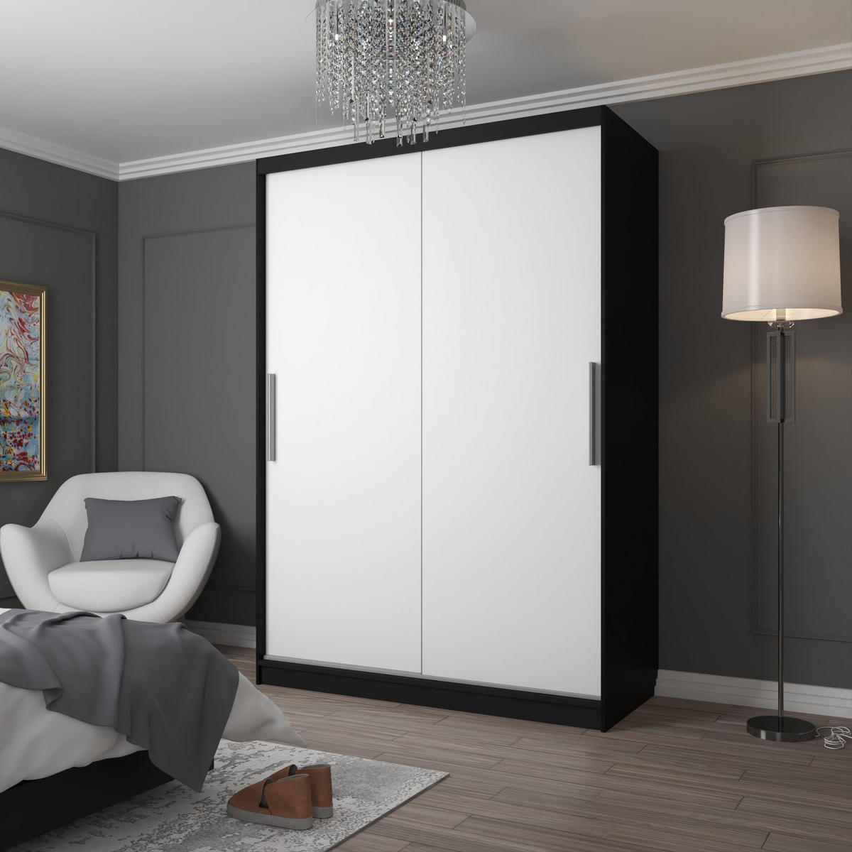 SCHWEBETÜRENSCHRANK Verona SI, Schwarz/Weiß Matt, 133 cm - Weiß, Holz (133/216/60cm) - B BELINI GROUP