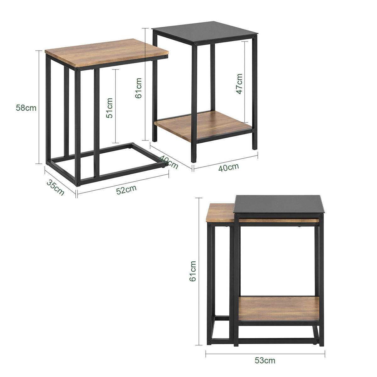 COUCHTISCH 2er Set Schwarz - Schwarz/Braun, Holzwerkstoff/Metall (40/40/60cm) - SoBuy