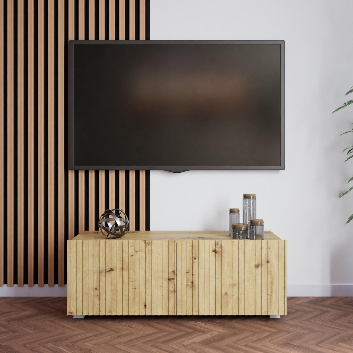 TV-LOWBOARD Kolder 100 cm Artisan Eiche mit geriffelten Fronten - Silberfarben/Eiche Artisan, Holzwerkstoff/Kunststoff (100/38/43cm) - Ravio